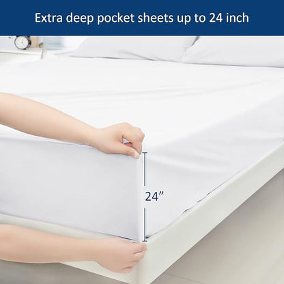Extra Deep Pocket Air Mattress King Sheet Set - 3Pcs Side Storage Pocket Fitted Sheet & Pillowcase King Size Deep Pocket Sheet Set Easily Fits 16in to 24in Pillow Top Air Bed Mattress-White