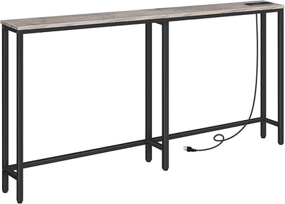 HOOBRO 63" Narrow Console Table with Charging Station, 5.9" Sofa Table with 2 Power Outlets and USB Ports, Long Entryway Tables Behind Couch Table, for Hallway, Livingroom, Greige and Black BG165UXG01