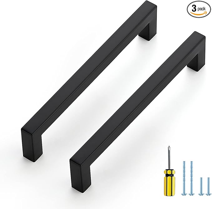 Ravinte 3 Pack Black Cabinet Pulls 6-1/4 Inch Square Kitchen Cabinet Handles Matte Black Kitchen Hardware for Drawer Pulls Drawer Handles Come with Screwdriver