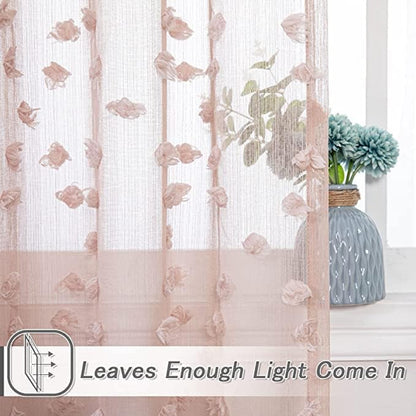 MYSKY HOME Pink Sheer Short Curtains with Pom Pom for Small Windows Dusty Rose Bedroom Nursery Kids Girls Room Curtains Cafe Kitchen Light Filtering Boho Drapes, Rod Pocket,38 x 54 Inches, 2 Panels