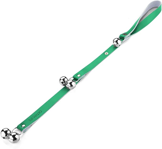 Leather Dog Doorbells for Door Knob/Potty Training/Go Outside, Length Adjustment Copper Dog Bell, Housetraining Hanging Bell, Green Leather Silver Bells.-Mewly Pet