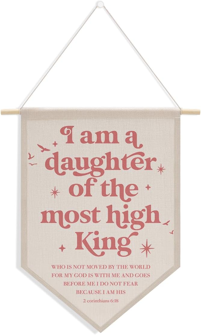 Christian Room Decor Daughter of The King Canvas Hanging Pennant Flag Banner Wall Sign Decor Gift for Nursery Bedroom Playroom Game Room Front Door