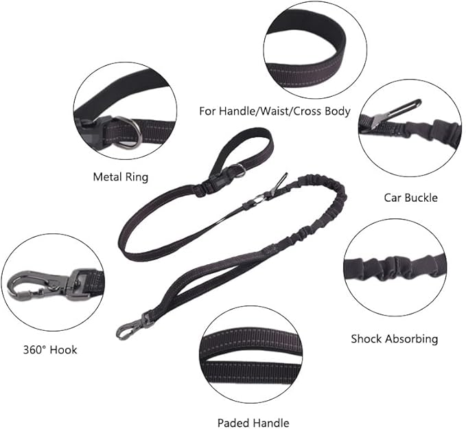 Hands Free Dog Leash for Large Medium Dogs Heavy Duty Bungee Reflective Adjustable Waist Leashes for Walking Running with Car Buckle 4-6FT (Black)-Mewly Pet