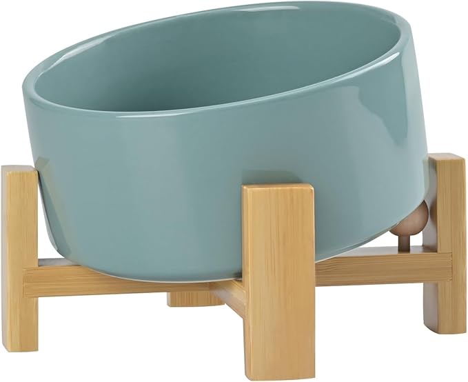SPUNKYJUNKY 15° Slanted Ceramic Dog and Cat Bowl with Wooden Stand, Tilted Bulldog Food and Water Bowl No Slip Non-Spill for Cats Medium Dogs Big Face Pets 28.7 OZ (3.6 Cups, Light Green)-Mewly Pet