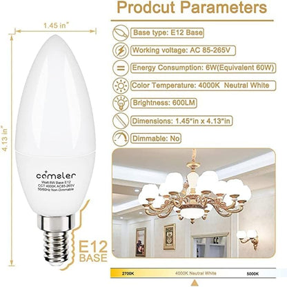 comzler Type B LED Bulb E12 Small Base, 4000K Natural Daylight Candelabra LED Light Bulbs, 60 Watt Equivalent Chandelier E12 LED Bulb for Ceiling Fan 600 Lumens No-Dimmable Pack of 8
