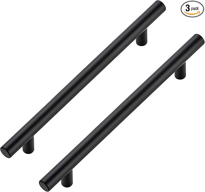 JOY DECOR 3 Pack Cabinet Handles, Black Cabinet Pulls, 6-1/4 in Hole Center Kitchen Hardware, Stainless Steel T Bar Handles for Dresser Drawers