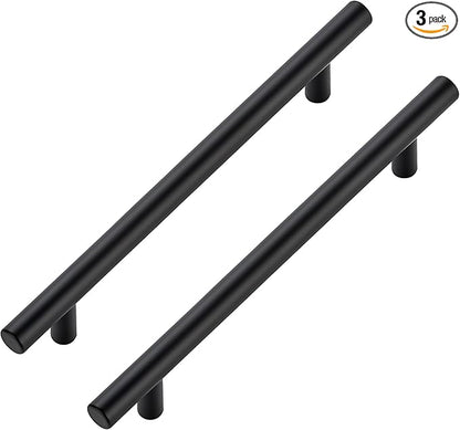 JOY DECOR 3 Pack Cabinet Handles, Black Cabinet Pulls, 6-1/4 in Hole Center Kitchen Hardware, Stainless Steel T Bar Handles for Dresser Drawers