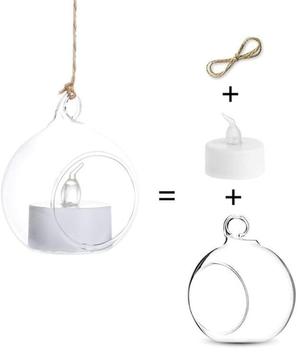 Sziqiqi Hanging Glass Globes Orbs Tea Light Candle Holders with Flameless LED Tealight for Wedding Ornaments, Wedding Birthday Christmas Party Centerpiece Accessory 2.36inch 10pcs +2 Extra