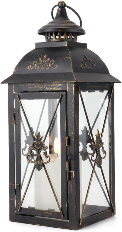 TRIROCKS Decorative Hanging Lantern 13.5'' High Vintage Metal Candle Holder with Tempered Glass Perfect for Living Room Garden Yard Patio Parties Events Indoors Outdoors (Black)
