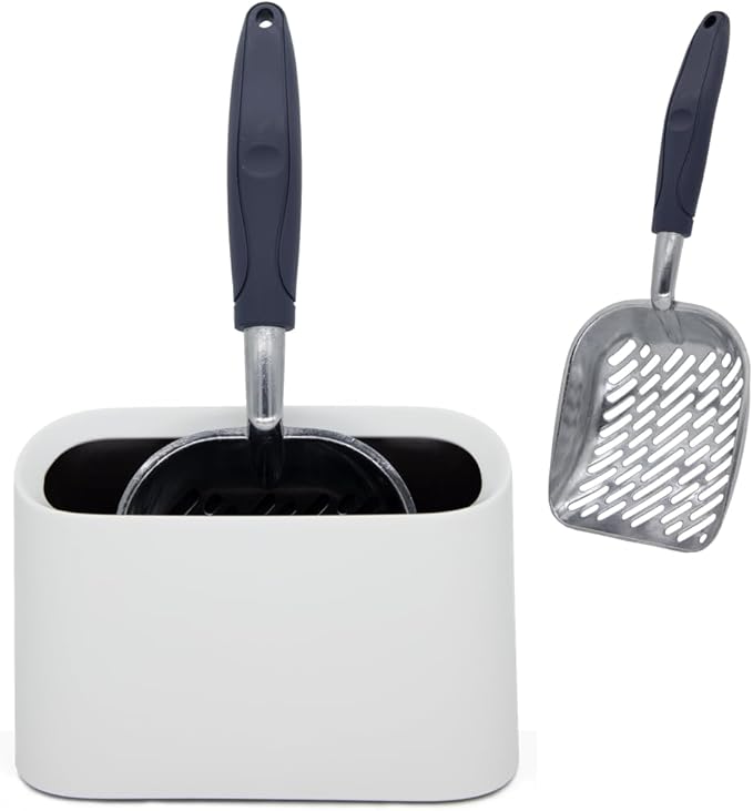 Heavy-Duty Metal Cat Litter Scoop with Holder, Aluminum Cats Litter Scooper Captures All Clumps, Kitty Metal Scooper and Holder (White)-Mewly Pet