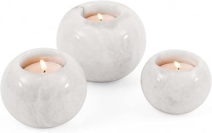 Radicaln Marble Tealight Candle Holder 4" Inches Handmade White Decorative Candle Accent for Wedding Table, Modern Farmhouse Dining Table Centerpiece, Ideal Set of 3 Small Votive Candle Holder