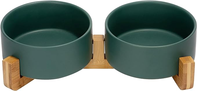 SPUNKYJUNKY Ceramic Dog and Cat Bowl Set with Wooden Stand, Modern Cute Weighted Food Water Set for Large Size Dogs (7.6 Cups, 2 × Green)-Mewly Pet