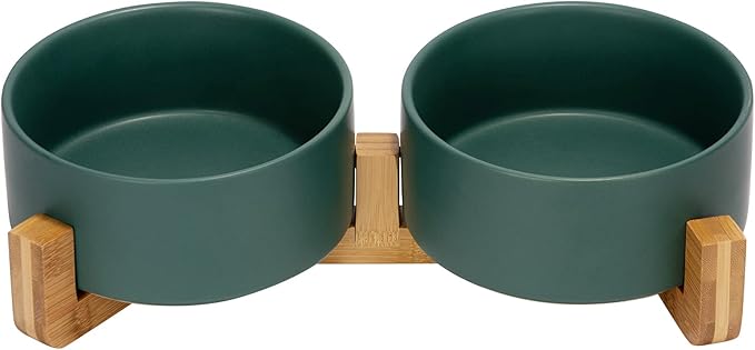 SPUNKYJUNKY Ceramic Dog and Cat Bowl with Wood Stand Non-Slip Matte Glaze Weighted Food Water Set for Cat Medium Dog 28.7 OZ-Mewly Pet