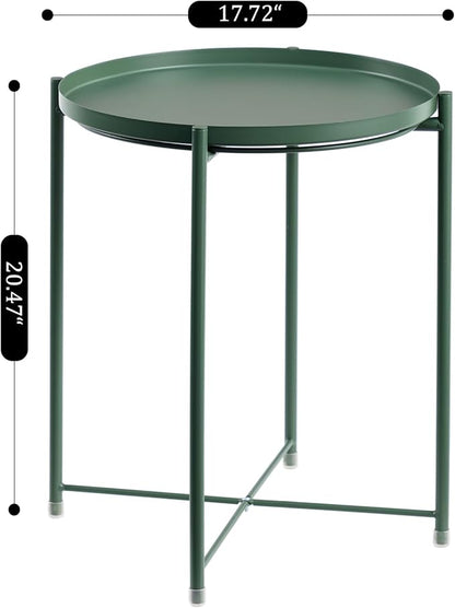 HollyHOME Round Metal Side Table, Outdoor Small Folding Accent Stand with Removable Tray, 17.72'' Portable End Table for Balconies, Gardens, Living Rooms and Bedrooms, Atrovirens