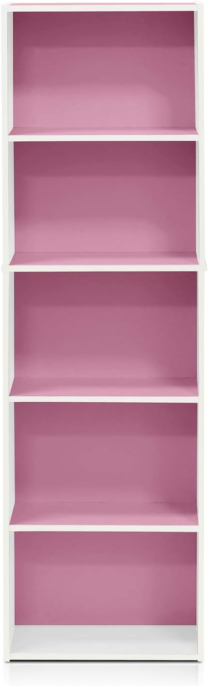 Furinno LUDER Book Shelf, 5-Tier Bookshelf, Bookcase, 9.4" x 15.8" x 52", for Living Room, Bedroom, Home Office, White/Pink
