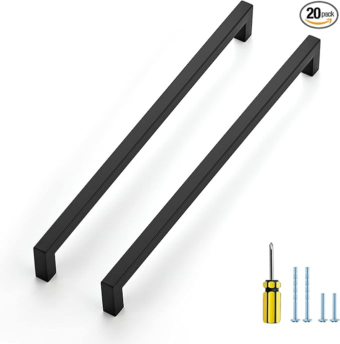 Ravinte 20 Pack Black Cabinet Pulls 11-1/3 Inch Square Kitchen Cabinet Handles Matte Black Kitchen Hardware for Drawer Pulls Drawer Handles Come with Screwdriver