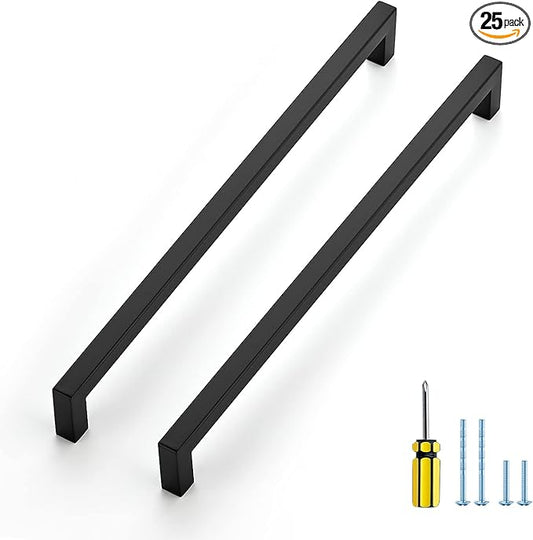 Ravinte 25 Pack Square Cabinet Pulls 11-1/3 Inch Black Kitchen Cabinet Handles Matte Black Kitchen Hardware for Cabinet Black Drawer Pulls Drawer Handles Come with Screwdriver