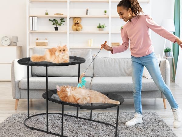 Defined Deco 2 Tier Elevated Cat Hammock Bed, Furniture Cat Bed Breathable Comfortable, Raised Cool Ca t Hammock for Indoor Cats, with Removable Mesh and Steel Frame for Summer-Mewly Pet