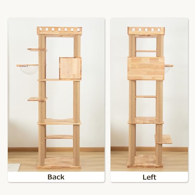 74.8" Wooden Cat Tree Tower for Large Cats, Multi-Level Cat Climbing Furniture with Scratching Posts, Cat Condo & Hammock, Natural Wood Cat Activity Center (Brown)-Mewly Pet