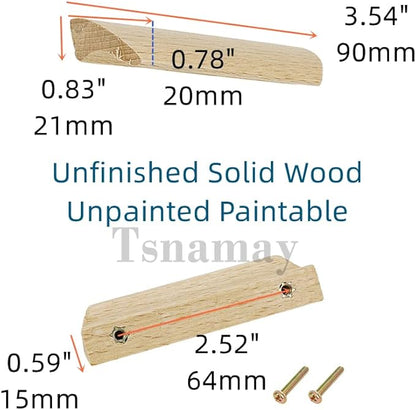 2Pcs Unfinished Wood Solid Furniture Pulls Handles,Unfinished Unpainted Paintable Wooden Handles Cupboard Closet Drawer Handle Pull,Length 3.54",Hole Dis.2.52"