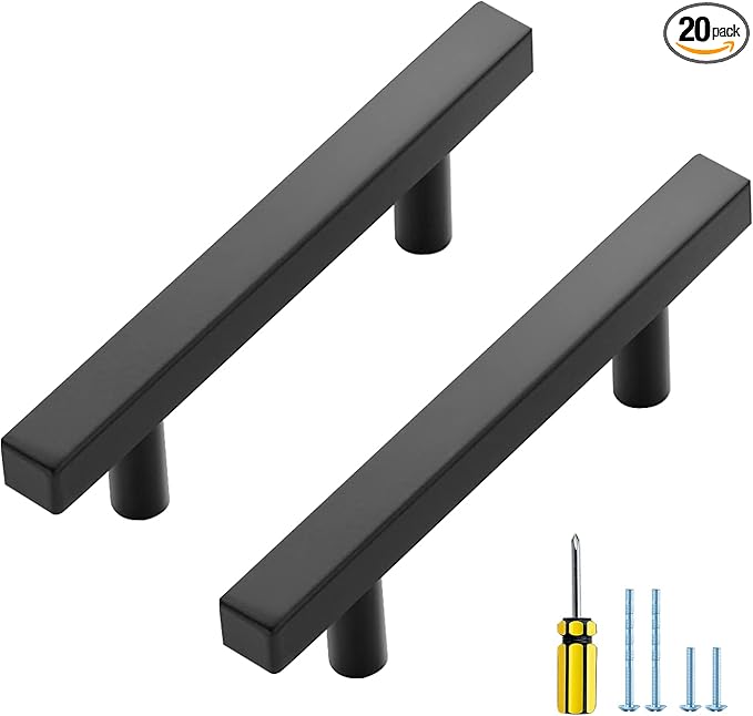 Ravinte 20 Pack Black Cabinet Handles 3 Inch Square Cabinet Pulls Matte Black Square Hardware for Kitchen Cabinets - 5 Inch Total Length