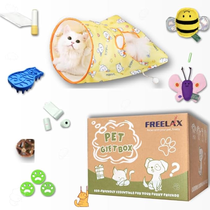 Eco-Friendly Cat Gift Box – 7-Piece Set with Organic Catnip Toys, Feather Wand, Blanket & Pop-Up Cat Cave for Indoor Cats and Kittens-Mewly Pet