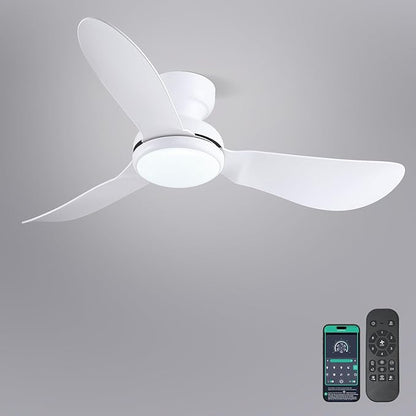 46 Inch Modern Ceiling Fans with Lights, Flush Mount Ceiling Fan with Remote/APP Control, 3 Reversible Curved Blades, 6 Speeds, 3 CCT, Dimmable Lights for Kids Room Bedroom, White