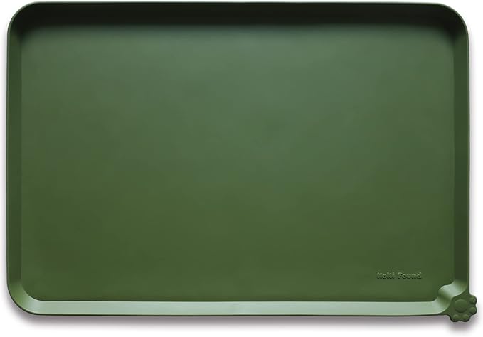 Hoki Found Silicone Pet Food Mat - High-Lips Dog Cat Bowl Placemat - Waterproof, Dark Olive-Mewly Pet