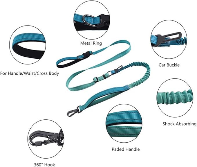 Hands Free Dog Leash for Large Medium Dogs Heavy Duty Bungee Reflective Adjustable Waist Leashes for Walking Running with Car Buckle 4-6FT (Green)-Mewly Pet