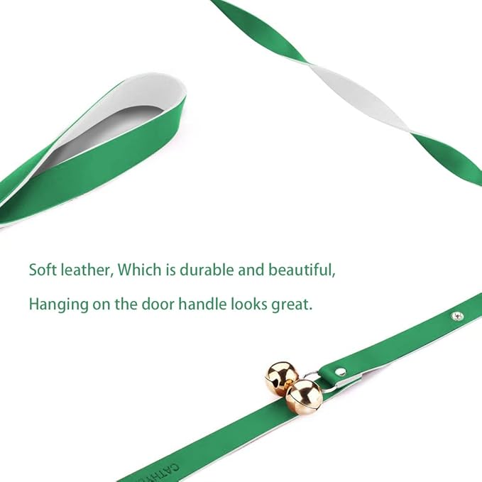Leather Dog Doorbells for Door Knob/Potty Training/Go Outside, Length Adjustment Copper Dog Bell, Housetraining Hanging Bell, Green Leather Golden Bells.-Mewly Pet