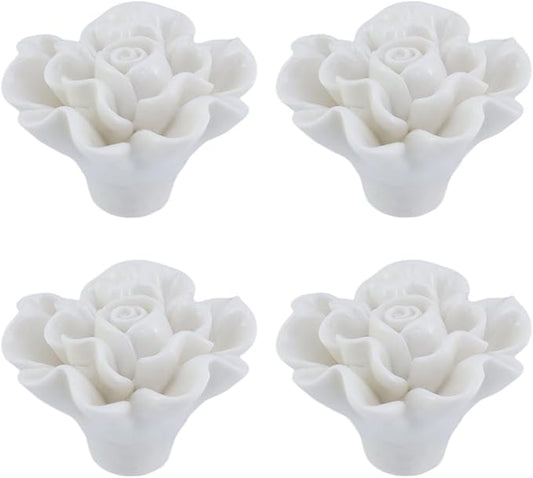 4PCS 1.57" × 1.14" Ceramics White Rose Knobs Flower Shaped Drawer Pulls for Cupboard with 2 Kinds of Screws