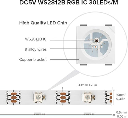 SEZO WS2812B LED Strip Light 16.4FT/5M 30Pixel/M 150LEDs DC5V Individual Addressable LED Strip SMD5050 RGB Dream Color Programmable LED Light Strip Flexible IP30 Non-Waterproof White PCB