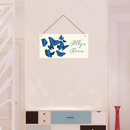 Personalized Blue Butterfly Sign Door Décor For Kids Room Custom Name Wall Art Decor, Nice Floral Nursery Art Plate For Girls Room Living Room Bedroom Greenhouse Garden