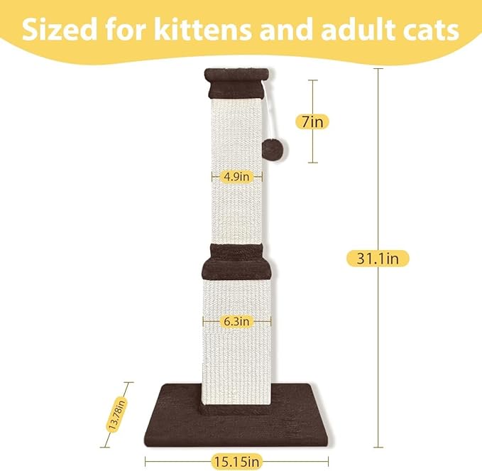 AGYM Cat Scratching Post, 32 Inch Cat Scratch Post for Cats and Kittens, Protect Your Furniture and Exercise Cats, Nature Sisal Modern Cat Scratcher for Indoor Cats, Brown-Mewly Pet