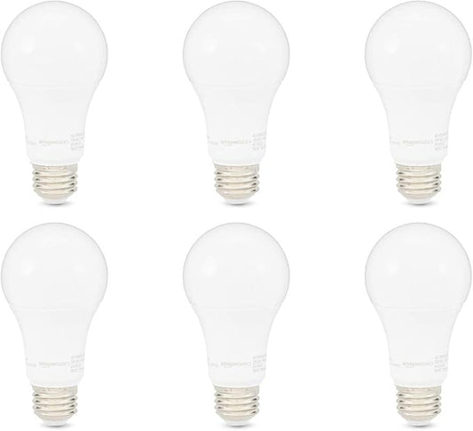 Amazon Basics A19 LED Light Bulbs, 100 Watt Equivalent, Energy Efficient 15W, E26 Standard Base, Soft White 2700K, Dimmable, 10,000 Hour Lifetime , 6-Pack