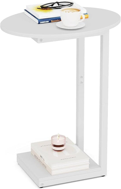 Hosfais Small Side Table End Table, C Shaped Oval Coffee Table, Wooden TV Tray for Living Room, Bedroom, Couch, Small Spaces (White)