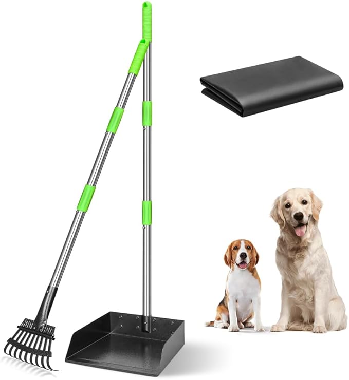 TOOGE Larger Pooper Scooper for Large Dogs, Dog Pooper Scooper Long Handle Stainless Metal Tray and Rake Set for Large Medium Small Dogs Heavy Duty (Green) (Extra Large)-Mewly Pet