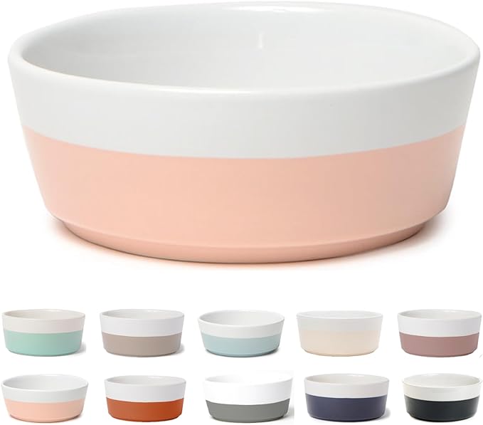 Waggo Dipper Ceramic Dog Bowl for Small and Large Breeds - Heavyweight and Durable Pet Food and Water Dish Crock, Dishwasher Safe, Modern (Rose, Small)-Mewly Pet