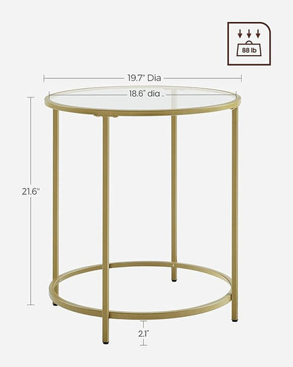 VASAGLE Round Side Tables, Set of 2, Glass End Tables with Metal Frame, Gold Coffee Tables with Modern Style, for Living Room, Balcony, Bedroom, Gold Color
