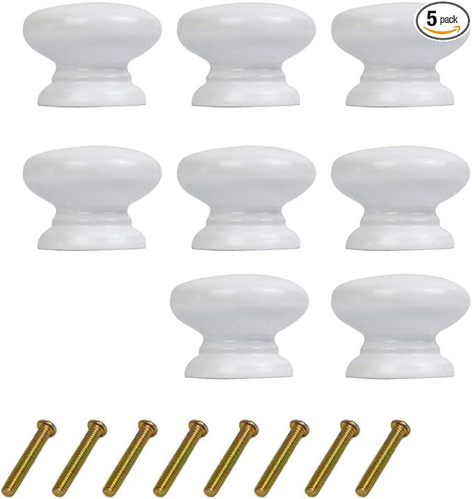 8PCS Round Wood Drawer Knob,Dresser Furniture Drawers 33mm Dia,White Cabinet Pulls Handles with Screws Hardware for Drawer Wardrobe Dresser
