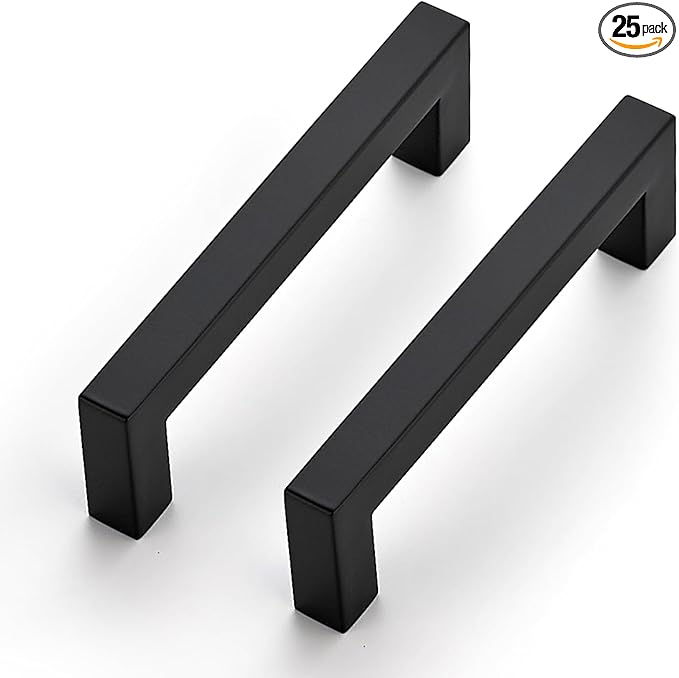 JOY DECOR 25 Pack Cabinet Handles, Black Cabinet Pulls, 3-3/4 Inch Kitchen Closet Handles Square Drawer Pulls Stainless Steel Drawer Hardware, 96mm Hole Centers