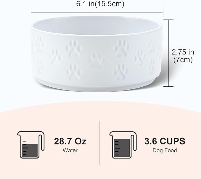 SPUNKYJUNKY Ceramic Dog and Cat Bowls 2 Pack, 6.1'' Dog and Cat Food Water Double Feeding Bowls Non-Slip for Large Sized Breed Microwave Dishwasher Safe - 28.7 OZ, 2pcs, Paw White-Mewly Pet