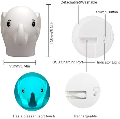 Night Light Kids with Cute Elephant Design Children's Room LED Bedside Lamp with Changeable RGB Colors Rechargeable Night Light Compatible with Touch-Control & Remote Control - Elephant
