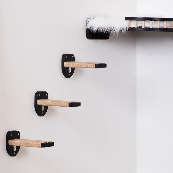 3-in-1 Cat Wall Steps - Climbing Wall Furniture & Shelves with Hemp Rope, Solid Wood Cat Ladder (Standard-Black)-Mewly Pet