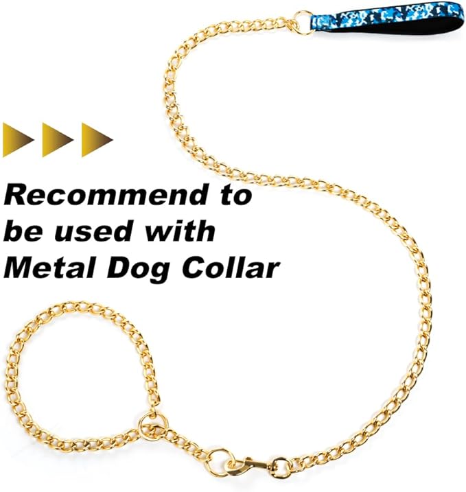 TSPRO Chew Proof Leash - 3.9 FT Stainless Steel Metal Training Leash with Soft Handle for Medium to Large Dog (4MM, Shiny Gold)