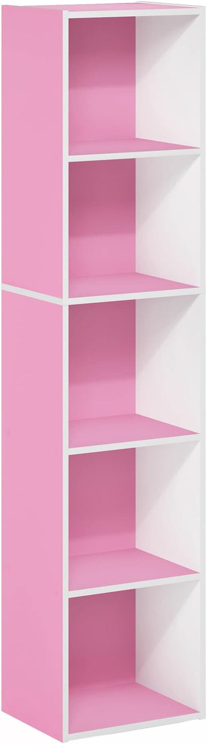 Furinno PASIR Book Shelf, 5-Tier Modern Bookshelf, Open Shelves Bookcase 9" x 12" x 52", for Living Room, Bedroom, Home Office, Pink/White