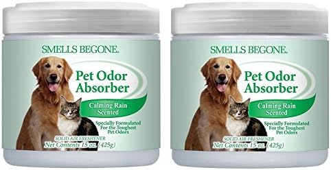 SMELLS BEGONE Air Freshener Odor Absorber Gel - 15 oz, Pack of 2 - Absorbs and Eliminates Odor in Pet Areas, Bathrooms, Cars, & Boats - Made with Essential Oils - Calming Rain Scent-Mewly Pet