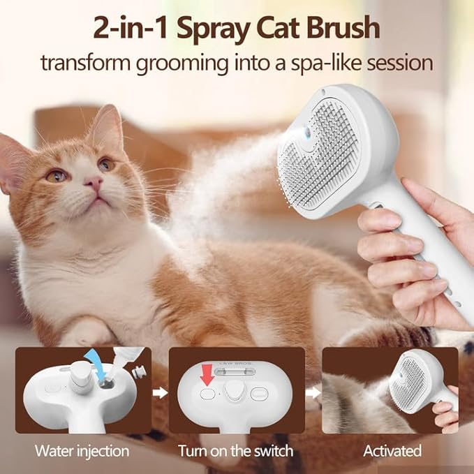 L&W BROS. Steam Grooming Brush for Shedding and Detangling – Self-Cleaning Steamy Pet Brush with Mist Spray for Long-Haired Cats and Small Dogs (White)-Mewly Pet