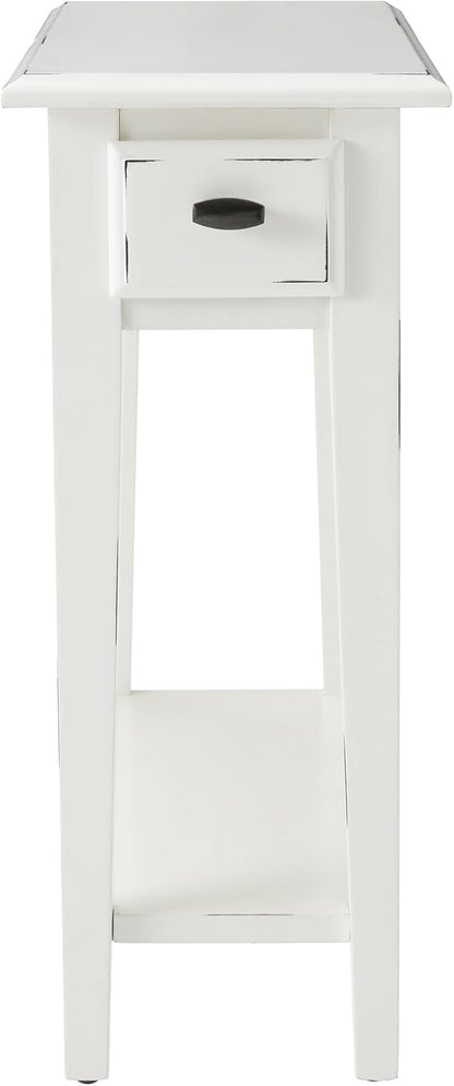 Haven Ridge Narrow End Table, Solid Wood Side Table with Drawer and Shelf, Farmhouse White, Perfect for Living Rooms, Bedrooms, and Small Spaces – Leick Home, 214361