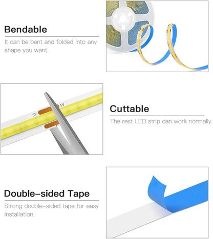 A 5V USB LED Light Strip, COB LED Strip Lights, White 5V LED Lights, Small LED Strip Light, TV Lights for TV Under Cabinet Kitchen Living Room Shelving or Displays (White, 6.56ft)